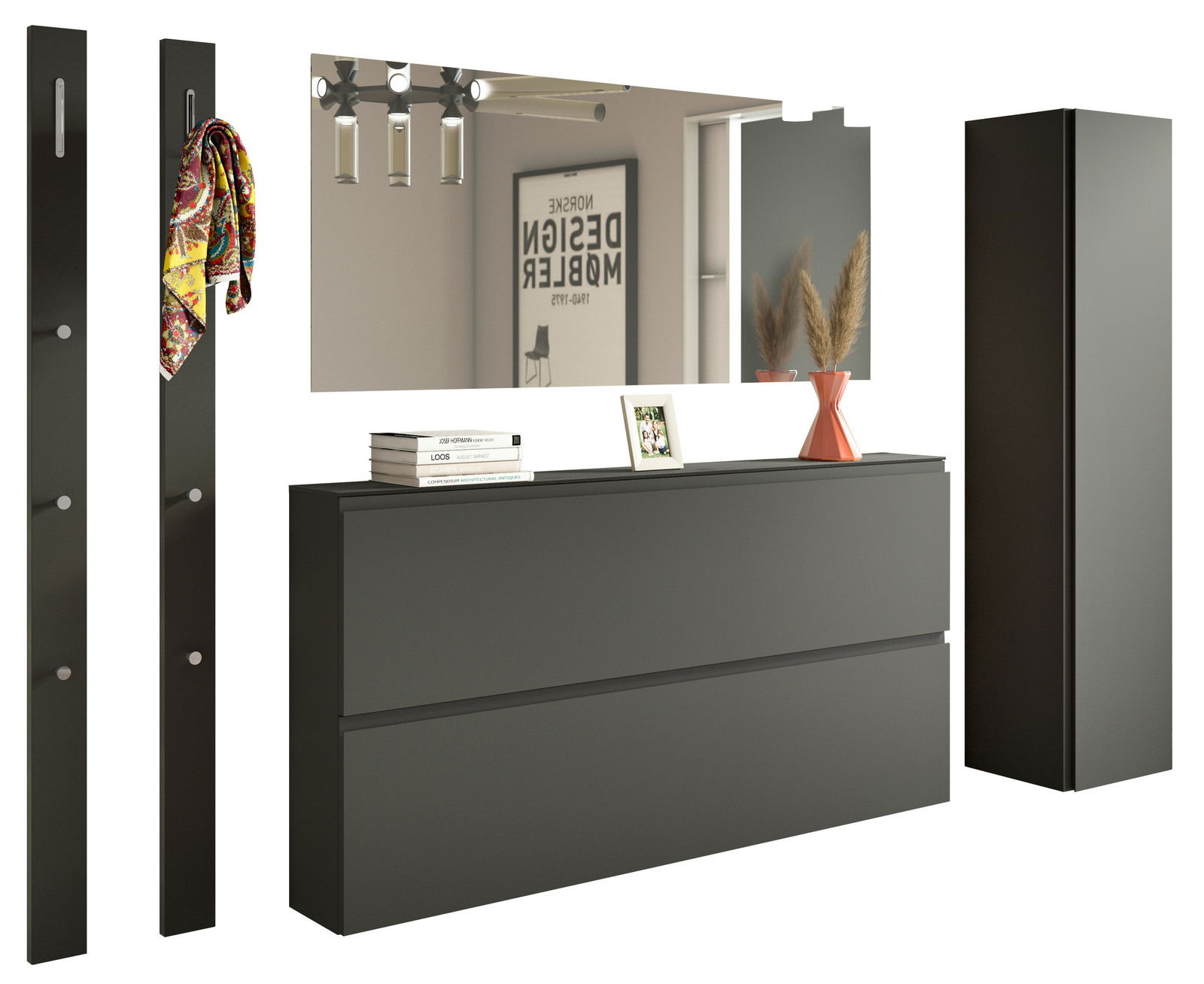Modernes Garderobenset in dunklem Design mit Spiegel, Hakenleisten und Stauraum, seitliche Perspektive.