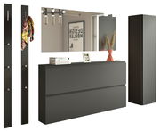 Modernes Garderobenset in dunklem Design mit Spiegel, Hakenleisten und Stauraum, seitliche Perspektive.