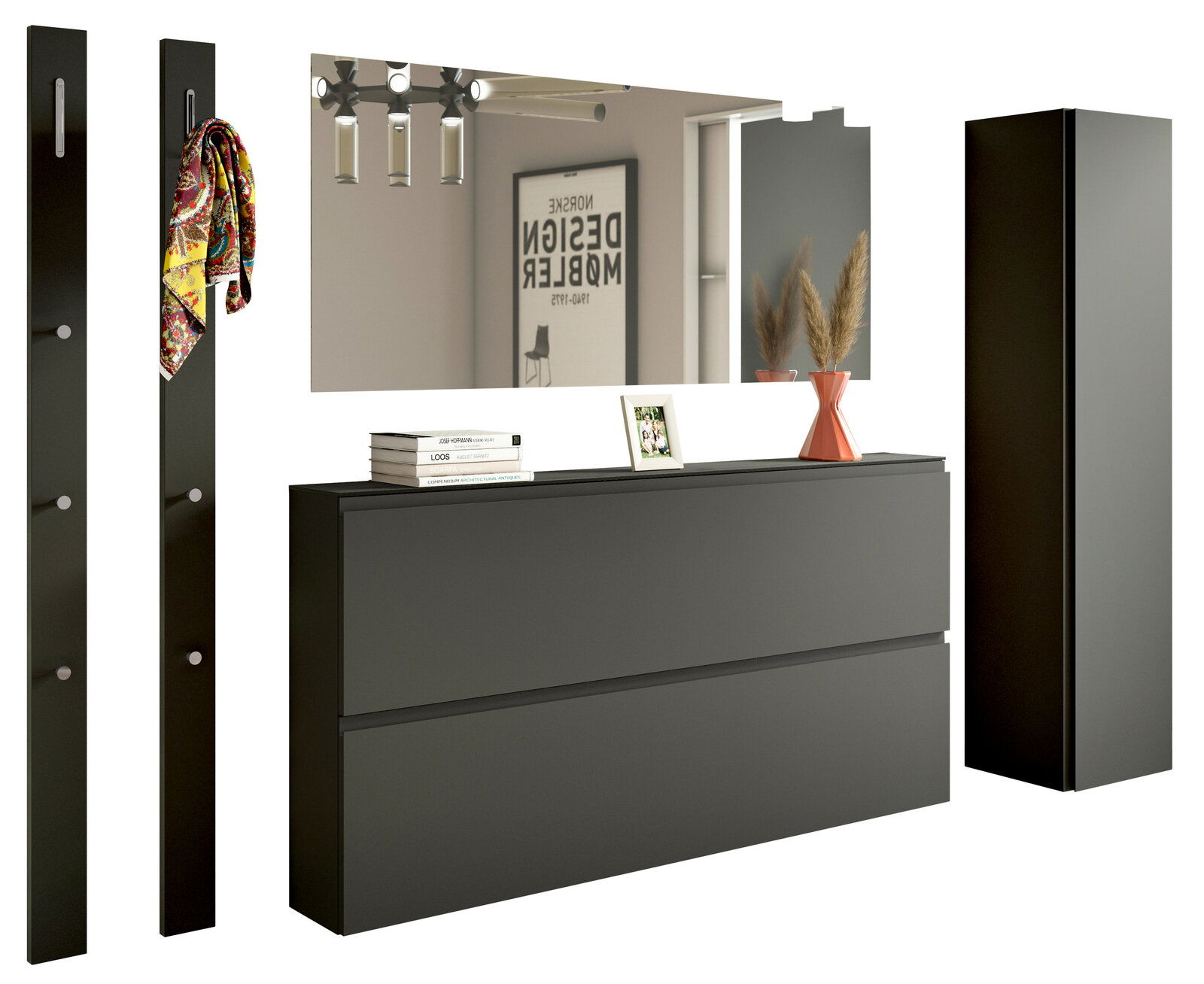 Moderano Garderoben-Set LECCO Modernes Garderobenset in dunklem Design mit Spiegel, Hakenleisten und Stauraum, seitliche Perspektive.