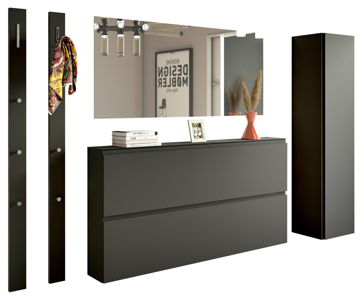 Modernes Garderobenset in dunklem Design mit Spiegel, Hakenleisten und Stauraum, seitliche Perspektive.