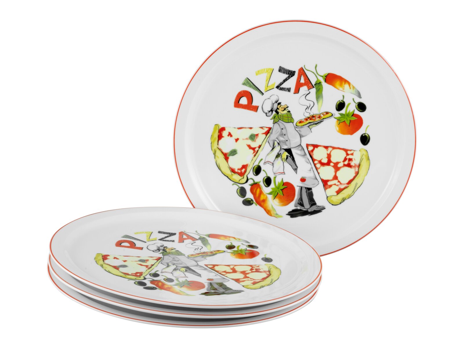 Weiße Keramik-Pizzateller mit rotem Rand und Pizza-Motiv (Koch, Pizzastücke, Tomaten, Oliven), ein Teller frontal von oben und drei Teller gestapelt in schräger Seitenansicht.