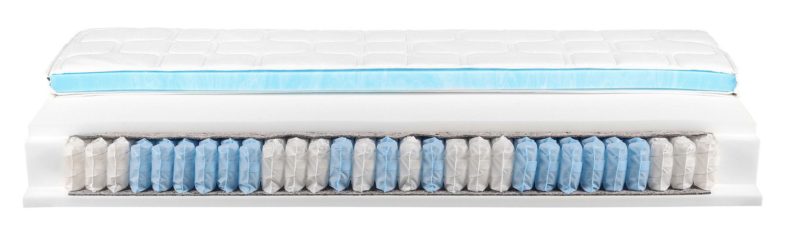 Querschnitt einer Taschenfederkernmatratze mit verschiedenen Schichten, darunter blaue und weiße Federn, aus seitlicher Perspektive.