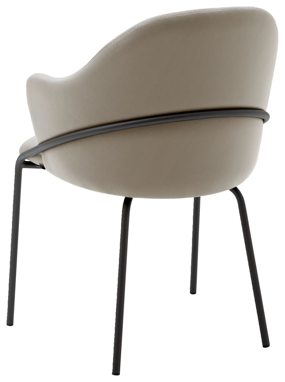 Rückansicht eines modernen Armlehnstuhls mit beigem Polster und schwarzem Metallgestell