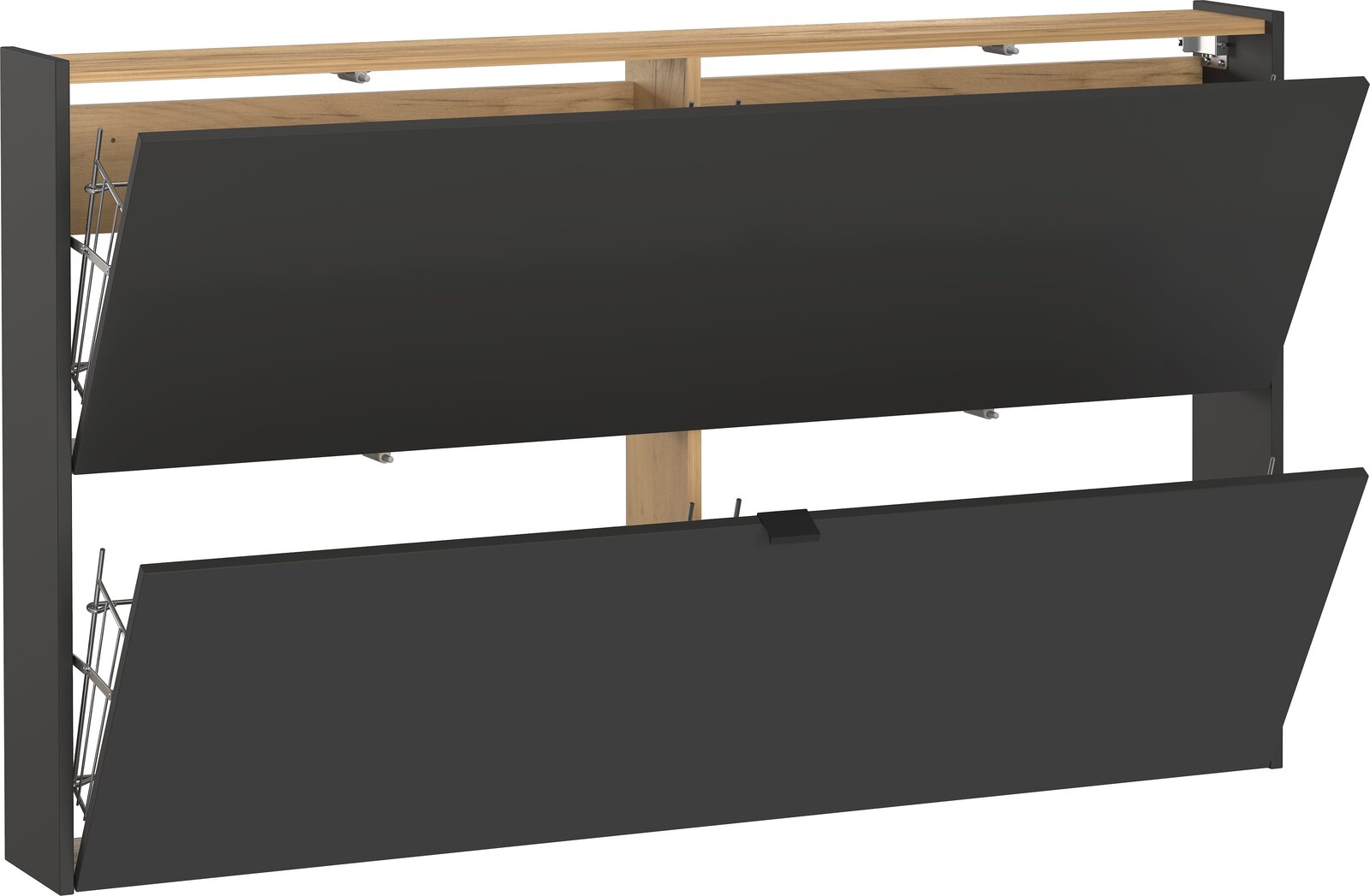 Schuhschrank mit zwei aufklappbaren Fächern in schwarzer Frontansicht