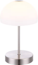 Moderne Tischleuchte SNOWFLAKE mit weißem, halbkugelförmigem Schirm und silbernem Standfuß, seitliche Perspektive