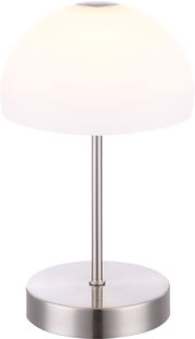 Moderne Tischleuchte SNOWFLAKE mit weißem, halbkugelförmigem Schirm und silbernem Standfuß, seitliche Perspektive