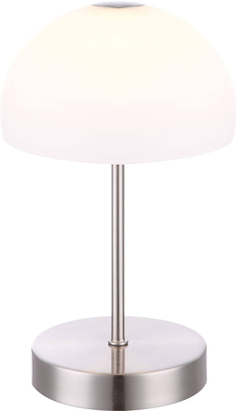 Moderne Tischleuchte SNOWFLAKE mit weißem, halbkugelförmigem Schirm und silbernem Standfuß, seitliche Perspektive