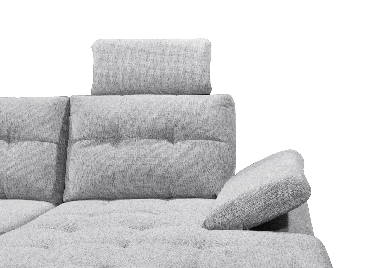 Graues Sofa mit verstellbarer Kopfstütze und Armlehne, seitliche Perspektive