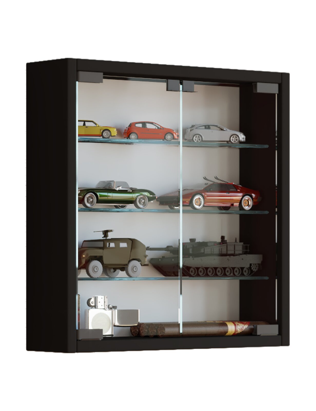 Schwarze Glasvitrine mit Schiebetüren und mehreren Glasböden, gefüllt mit Modellautos und Militärmodellen, frontale Ansicht mit leichter Perspektive von links