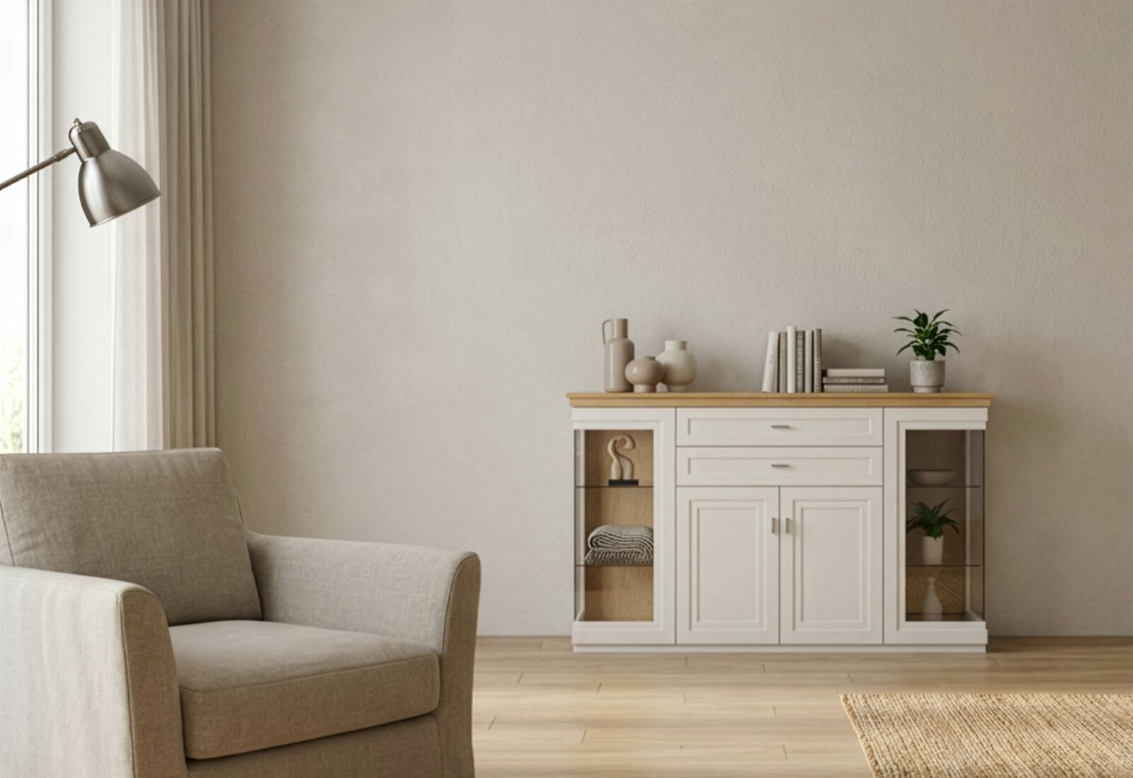 Skandinavisches Sideboard in Weiß mit Holzplatte, Schubladen und Vitrinentüren, dekoriert mit Vasen, Büchern und Pflanzen, in einem hellen Wohnzimmer – Frontalansicht.