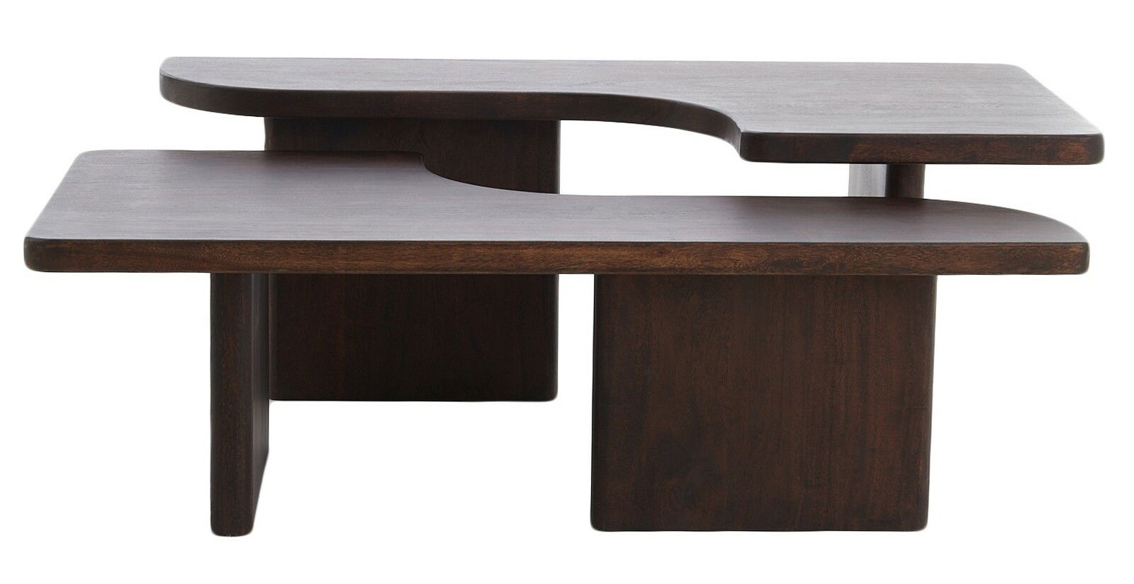 Moderner Couchtisch aus dunklem Holz mit zwei versetzten Ebenen, seitliche Perspektive