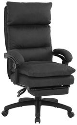 Schwarzer Chefsessel mit gepolsterten Armlehnen und hoher Rückenlehne, seitliche Perspektive