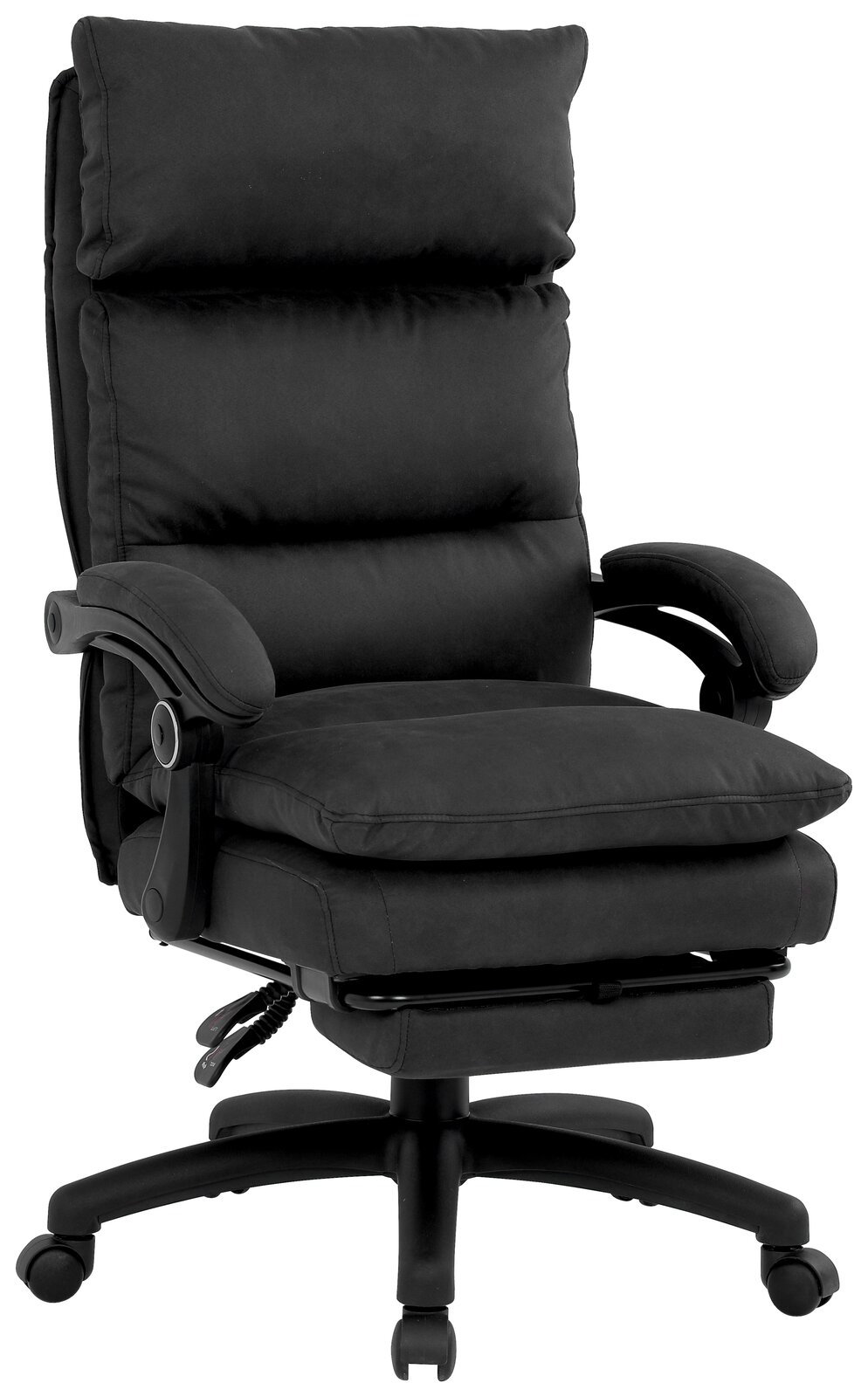 Schwarzer Chefsessel mit gepolsterten Armlehnen und hoher Rückenlehne, seitliche Perspektive