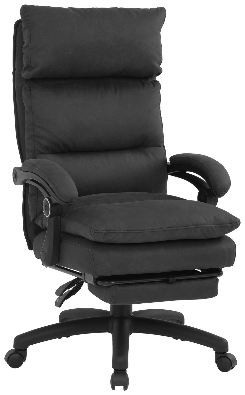 Schwarzer Chefsessel mit gepolsterten Armlehnen und hoher Rückenlehne, seitliche Perspektive