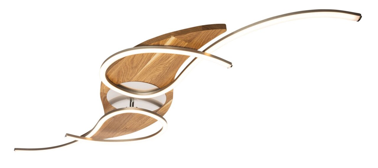 Moderne LED-Deckenleuchte mit geschwungenem Holzdesign, seitliche Perspektive