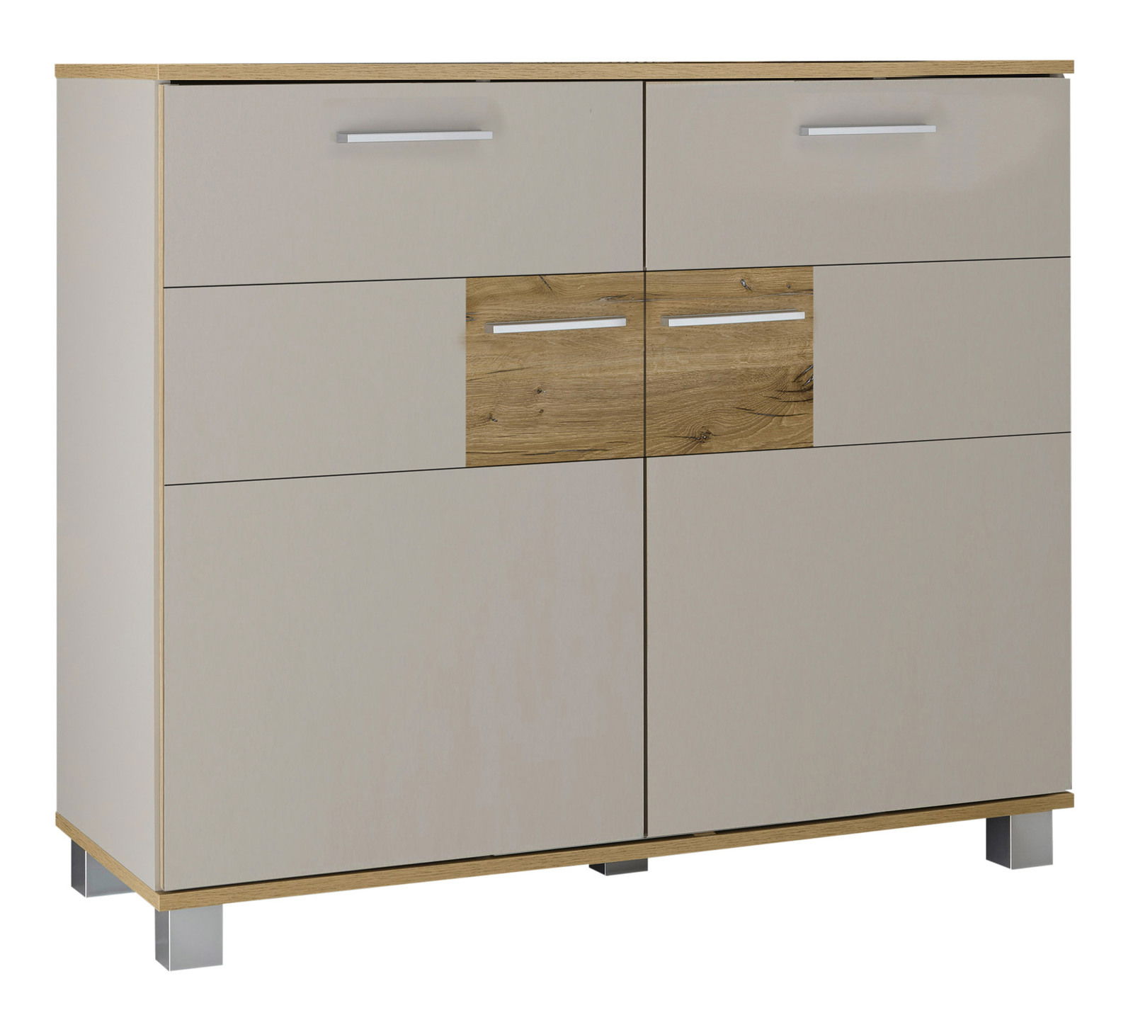 Moderne Kommode mit Holz- und Beigetönen, zwei Schubladen und vier Türen, Frontansicht