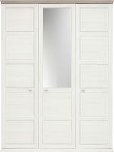 Drehtürenschrank 3-türig in weißer Holzoptik mit einem Spiegel in der mittleren Tür, Frontalansicht