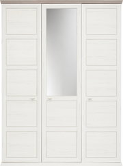 Drehtürenschrank 3-türig in weißer Holzoptik mit einem Spiegel in der mittleren Tür, Frontalansicht