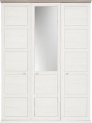 Drehtürenschrank 3-türig in weißer Holzoptik mit einem Spiegel in der mittleren Tür, Frontalansicht