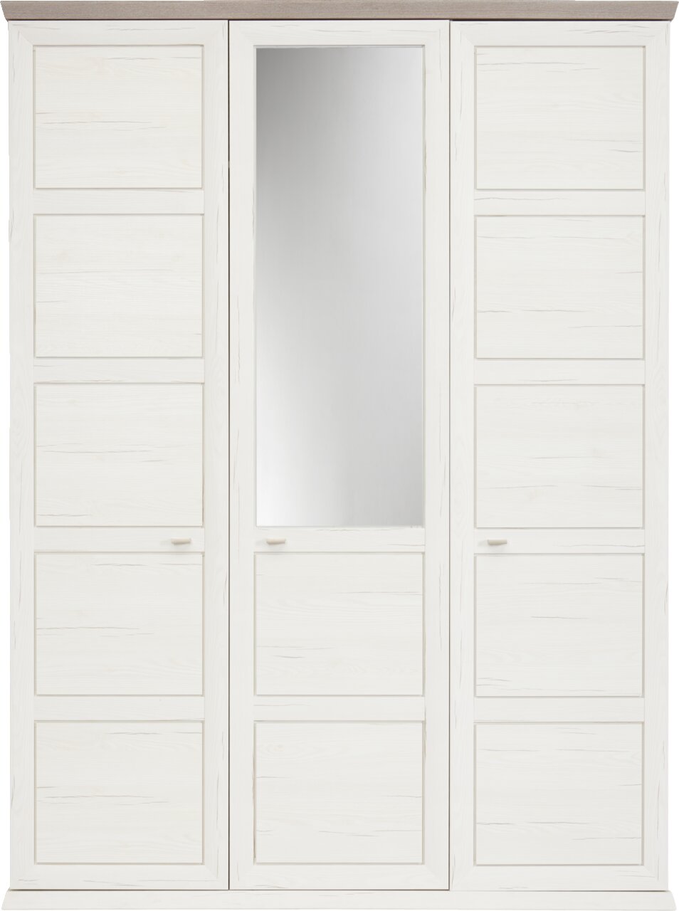 Kast met drie draaideuren in witte houtlook, met een spiegel in de middelste deur, vooraanzicht