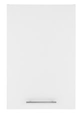 Frontansicht eines weißen Aufsatzschranks mit schlichtem Metallgriff