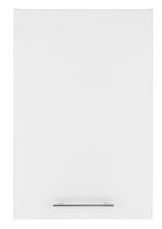 Frontansicht eines weißen Aufsatzschranks mit schlichtem Metallgriff