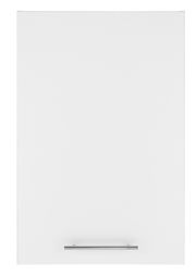 Frontansicht eines weißen Aufsatzschranks mit schlichtem Metallgriff