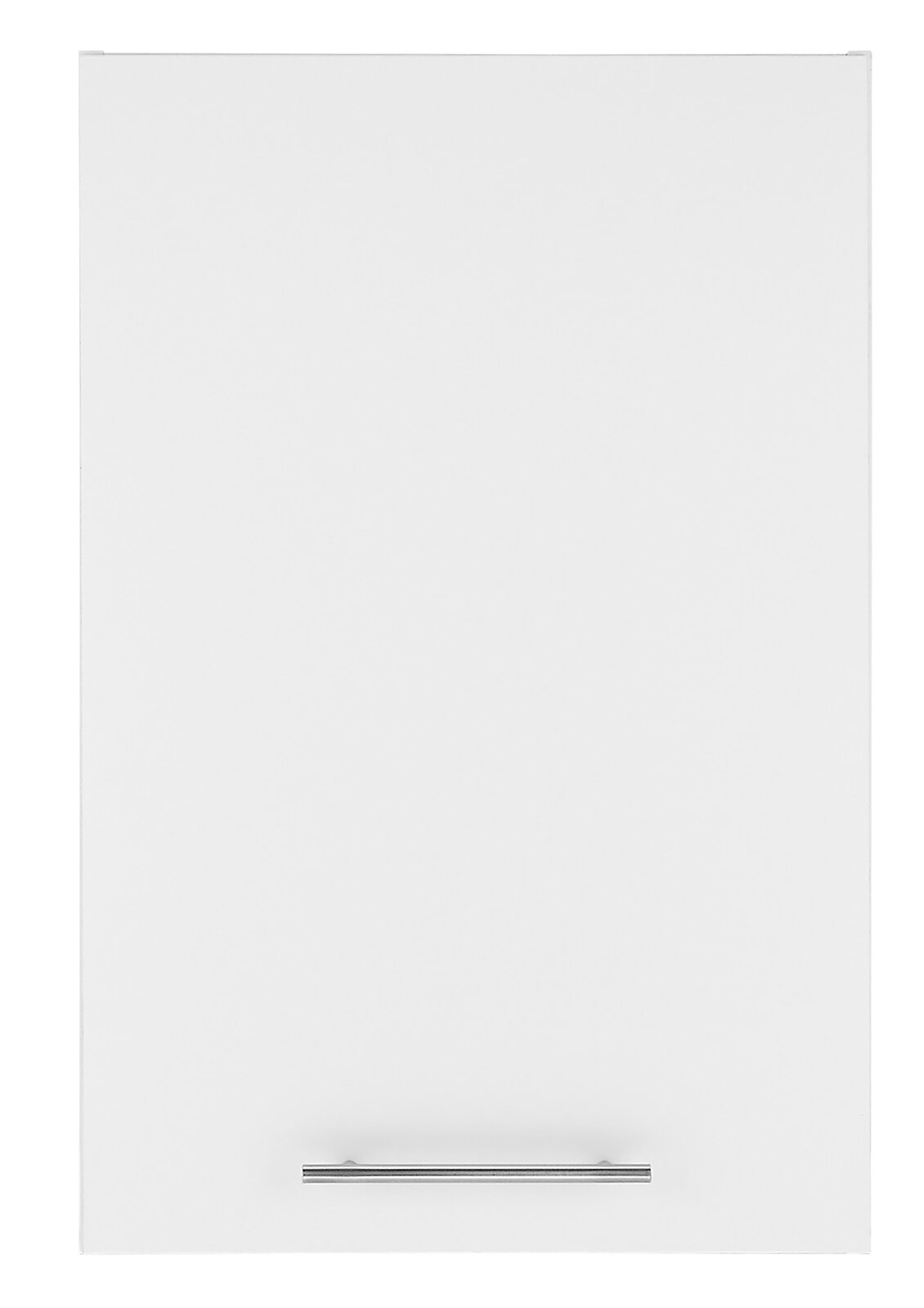 Frontansicht eines weißen Aufsatzschranks mit schlichtem Metallgriff