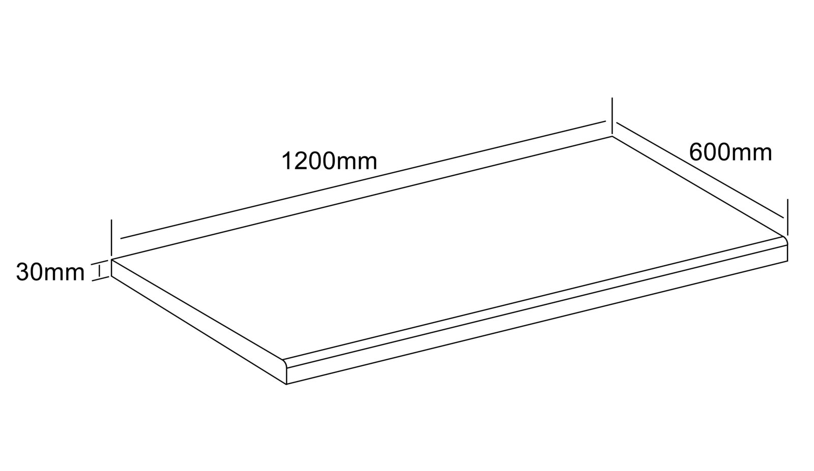 VCM Küchenplatte 120x60 FASOLA Isometrische Schrägansicht einer rechteckigen Platte/Arbeitsplatte mit Maßen 1200 x 600 mm und 30 mm Stärke, als technische Skizze mit Maßangaben.