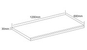 Isometrische Schrägansicht einer rechteckigen Platte/Arbeitsplatte mit Maßen 1200 x 600 mm und 30 mm Stärke, als technische Skizze mit Maßangaben.