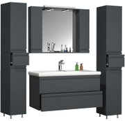 Modernes Badezimmermöbel-Set in Anthrazit mit Waschtischunterschrank, weißem Waschbecken, Spiegelschrank mit Beleuchtung und zwei Hochschränken, Frontansicht leicht von oben