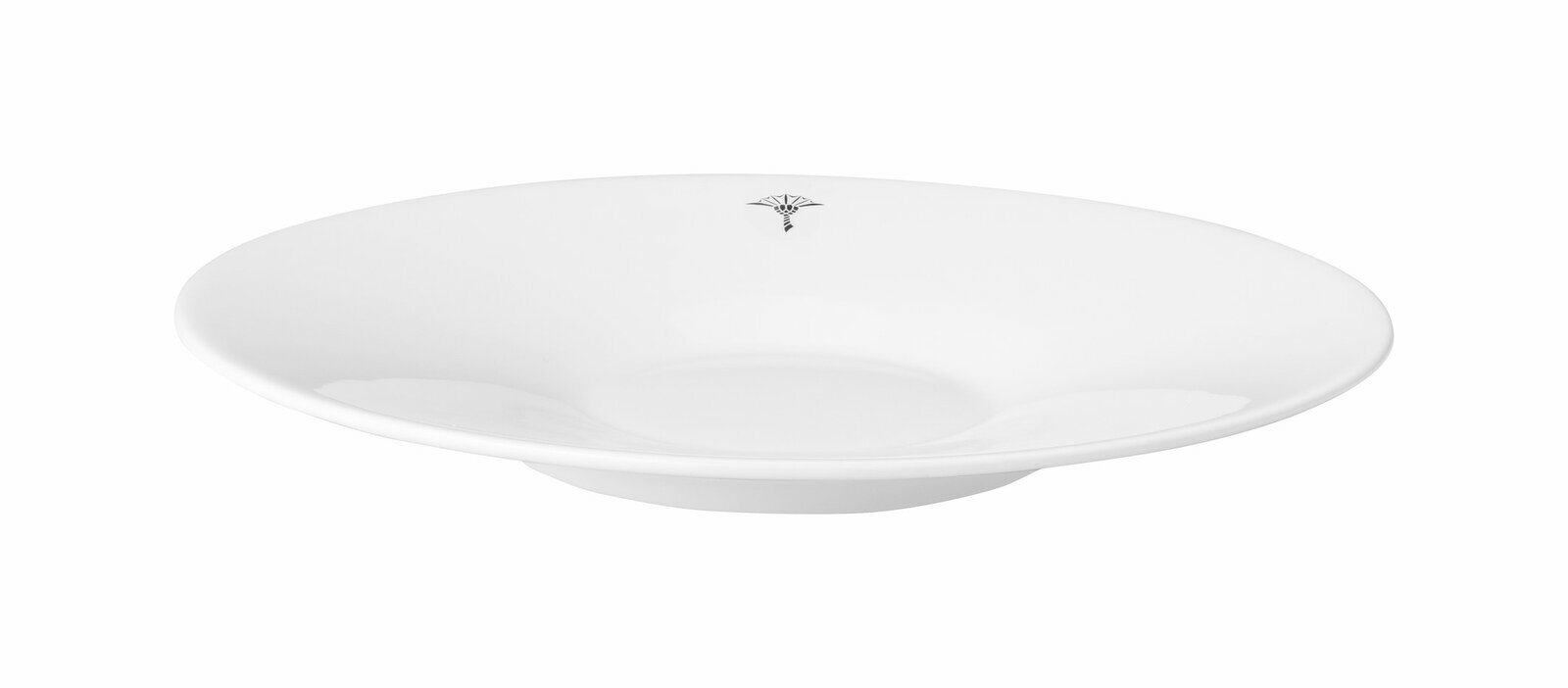 Weiße Untertasse mit dezentem Muster, seitliche Perspektive