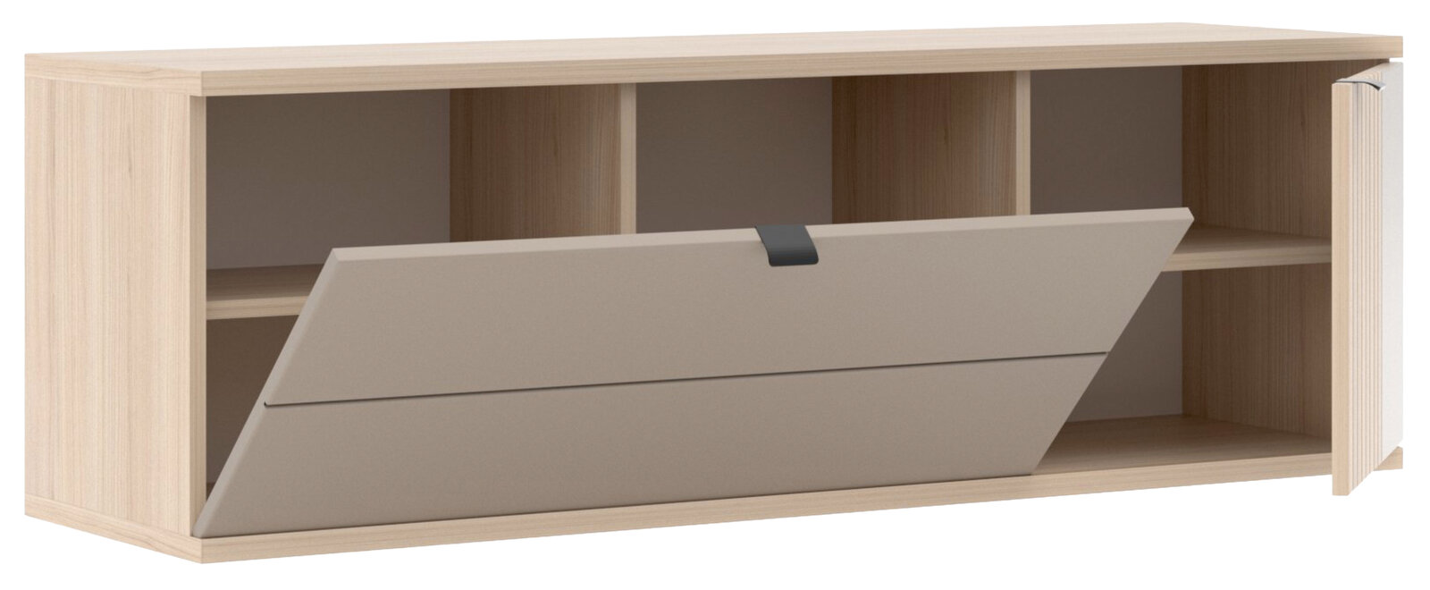 Helles Holz-TV-Lowboard mit offenen Fächern und nach unten klappbarer Front in Grau, schräg von vorn in leichter Seitenansicht fotografiert