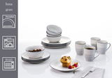 Kombiservice 16-tlg. aus Porzellan in Grau, bestehend aus Tellern, Schalen und Tassen, auf einem weißen Hintergrund präsentiert. Seitliche Perspektive.