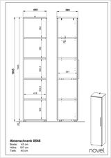 Zeichnung eines schmalen Aktenschranks mit fünf offenen Fächern, Vorder- und Seitenansicht, Maße: Breite 45 cm, Höhe 197 cm, Tiefe 40 cm.