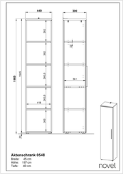 Zeichnung eines schmalen Aktenschranks mit fünf offenen Fächern, Vorder- und Seitenansicht, Maße: Breite 45 cm, Höhe 197 cm, Tiefe 40 cm.
