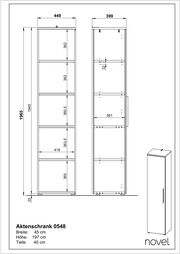 Zeichnung eines schmalen Aktenschranks mit fünf offenen Fächern, Vorder- und Seitenansicht, Maße: Breite 45 cm, Höhe 197 cm, Tiefe 40 cm.