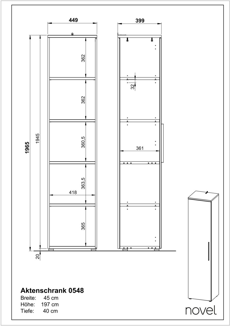 Zeichnung eines schmalen Aktenschranks mit fünf offenen Fächern, Vorder- und Seitenansicht, Maße: Breite 45 cm, Höhe 197 cm, Tiefe 40 cm.