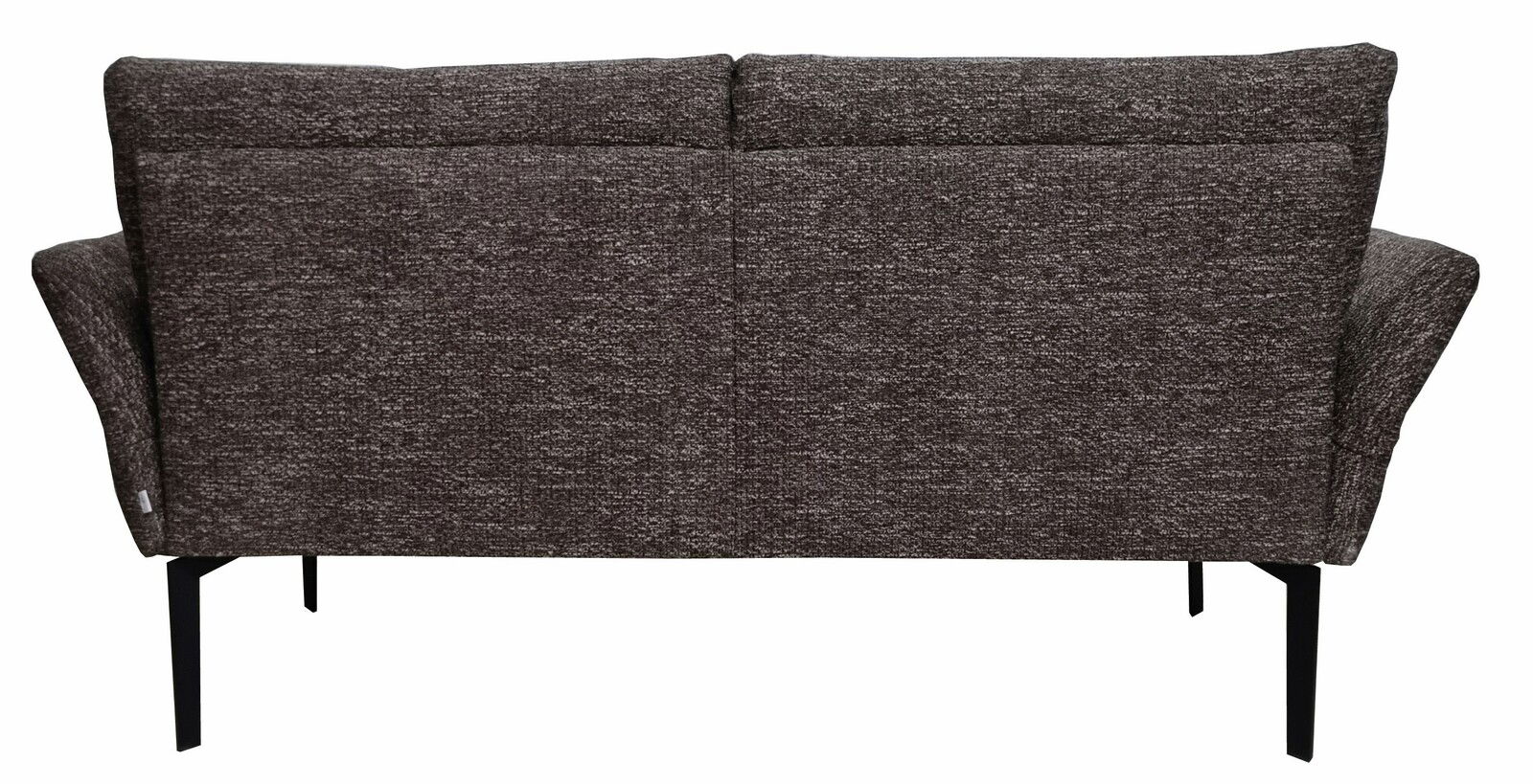 Rückansicht einer braunen Moderano Bank SINGARPUR mit Armlehne, 164 cm breit, auf schwarzen Metallbeinen.