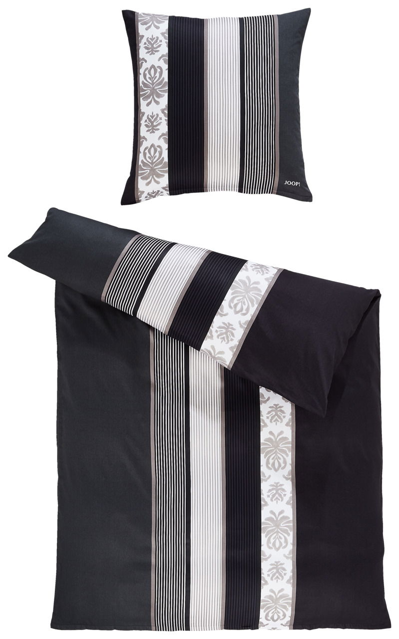 JOOP! Bettwäsche 135x200cm ORNAMENT STRIPE EX Bettwäsche-Set mit Streifen- und Blumenmuster in Schwarz, Weiß und Grau, bestehend aus einem Kissenbezug und einem Bettdeckenbezug, aus der Vogelperspektive fotografiert.