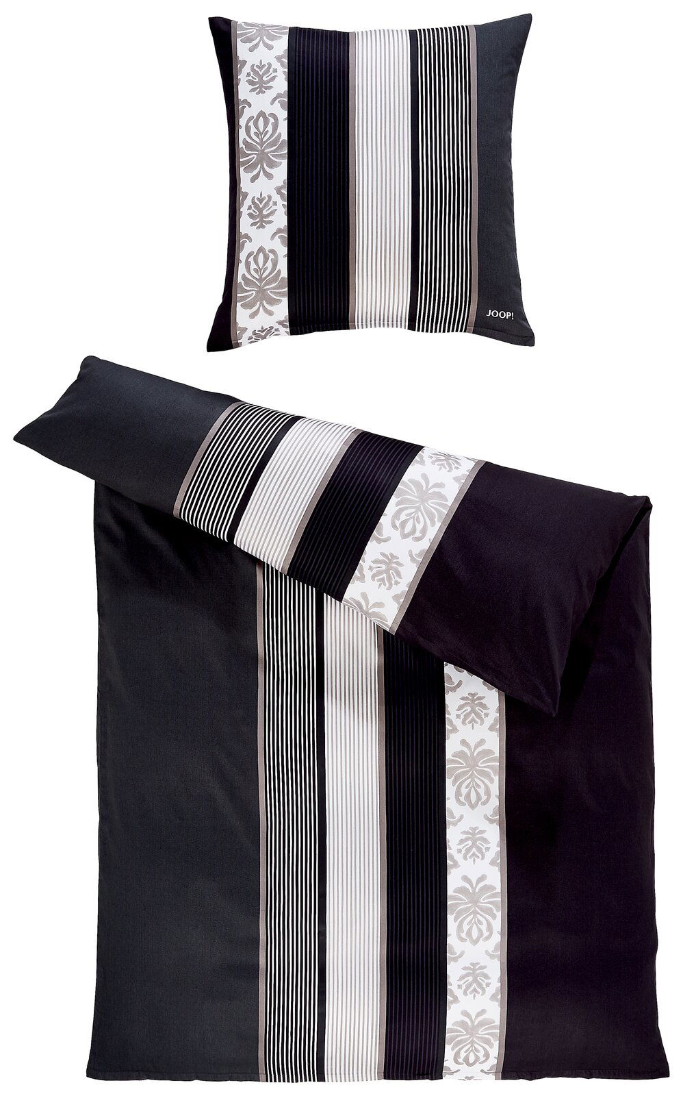 Bettwäsche-Set mit Streifen- und Blumenmuster in Schwarz, Weiß und Grau, bestehend aus einem Kissenbezug und einem Bettdeckenbezug, aus der Vogelperspektive fotografiert.