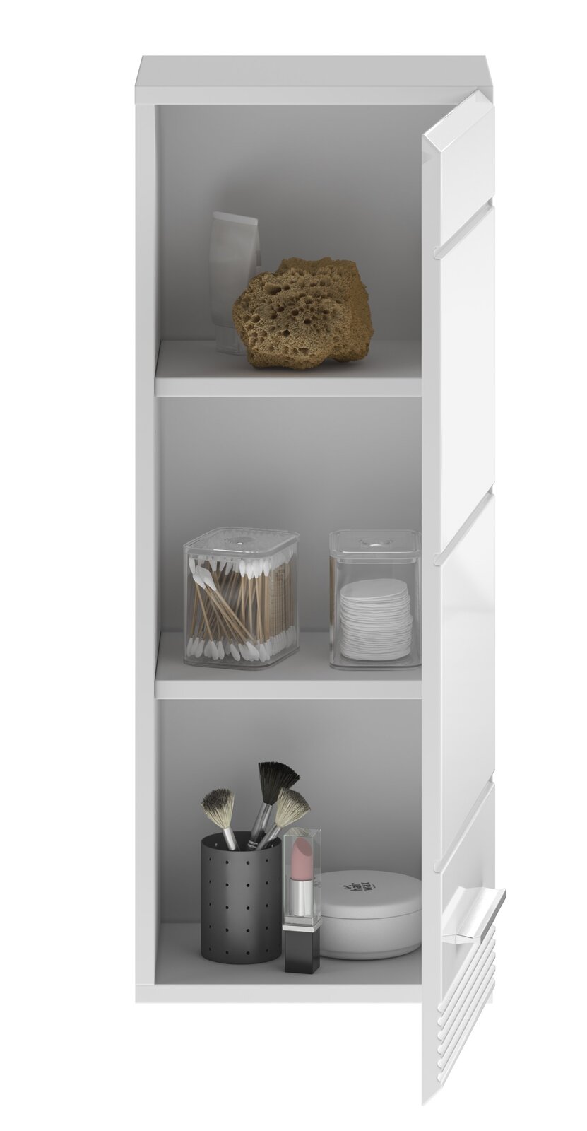 Weißer Hängeschrank LINUS mit drei offenen Regalfächern, gefüllt mit Badezimmerutensilien, aus frontaler Perspektive.