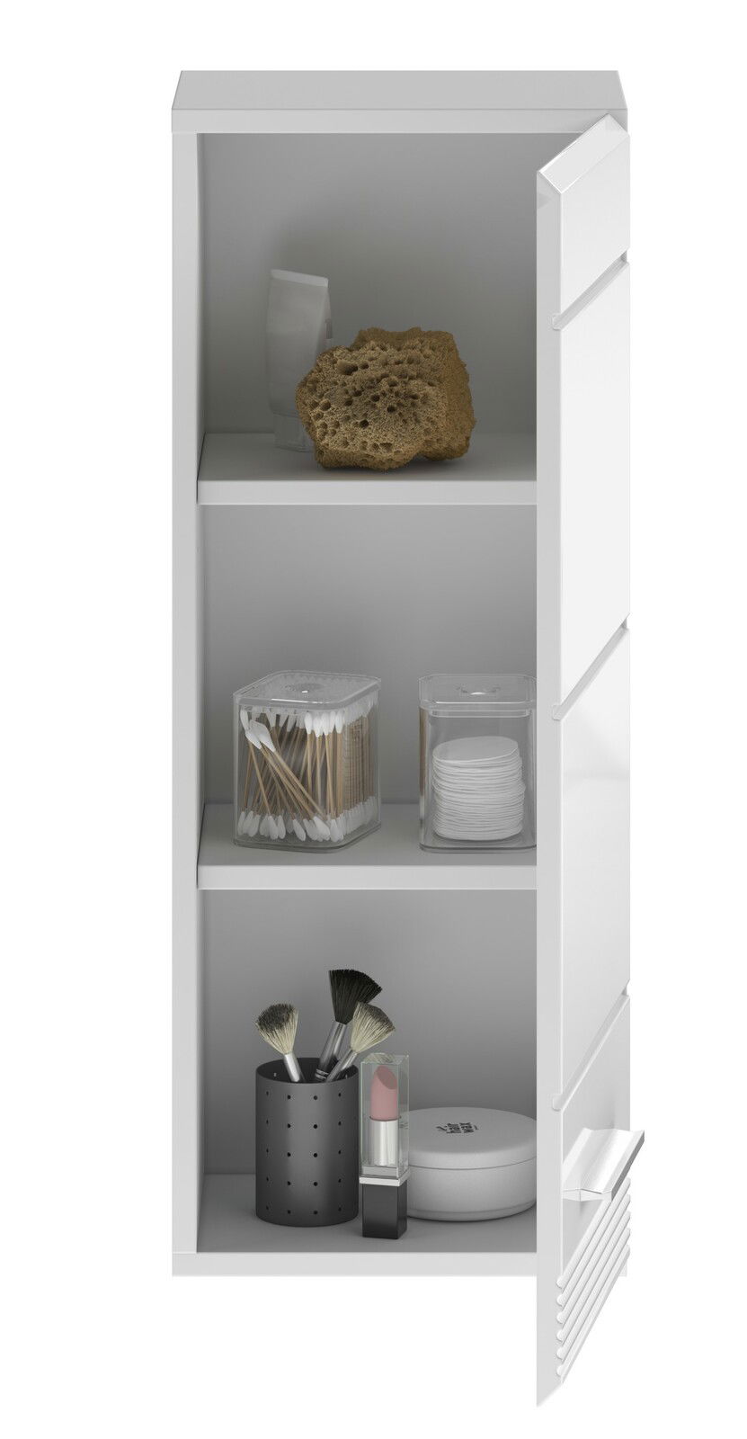 Weißer Hängeschrank LINUS mit drei offenen Regalfächern, gefüllt mit Badezimmerutensilien, aus frontaler Perspektive.