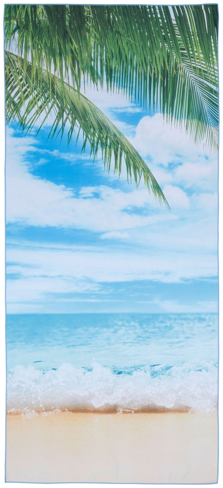 Strandtuch mit tropischem Strandmotiv, Palmenblätter im Vordergrund, Meer und Himmel im Hintergrund, Draufsicht