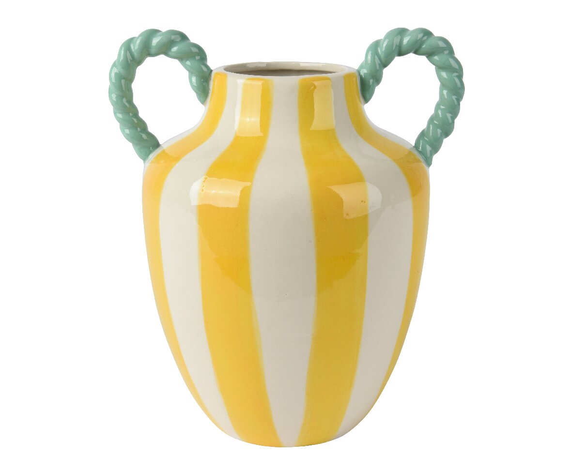 Vase mit gelben Streifen und grünen Henkeln, Frontalansicht