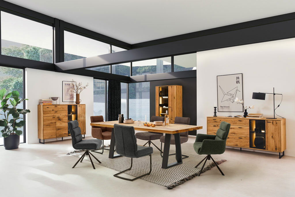 Esszimmer mit modernen Freischwinger-Stühlen und einem Holztisch, seitliche Perspektive