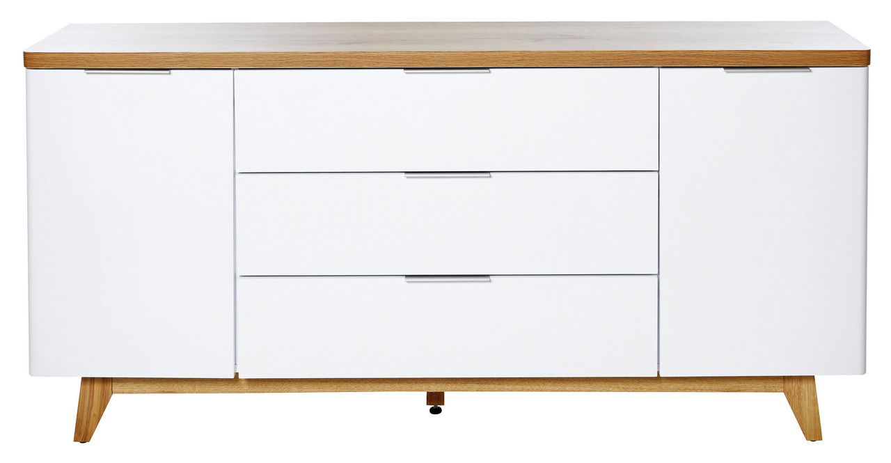 Weißes Sideboard mit drei Schubladen und zwei Türen, Holzoberfläche und -füße, frontale Ansicht