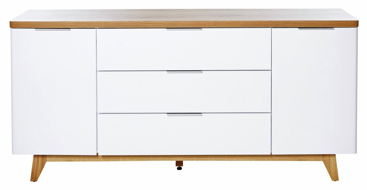 Weißes Sideboard mit drei Schubladen und zwei Türen, Holzoberfläche und -füße, frontale Ansicht
