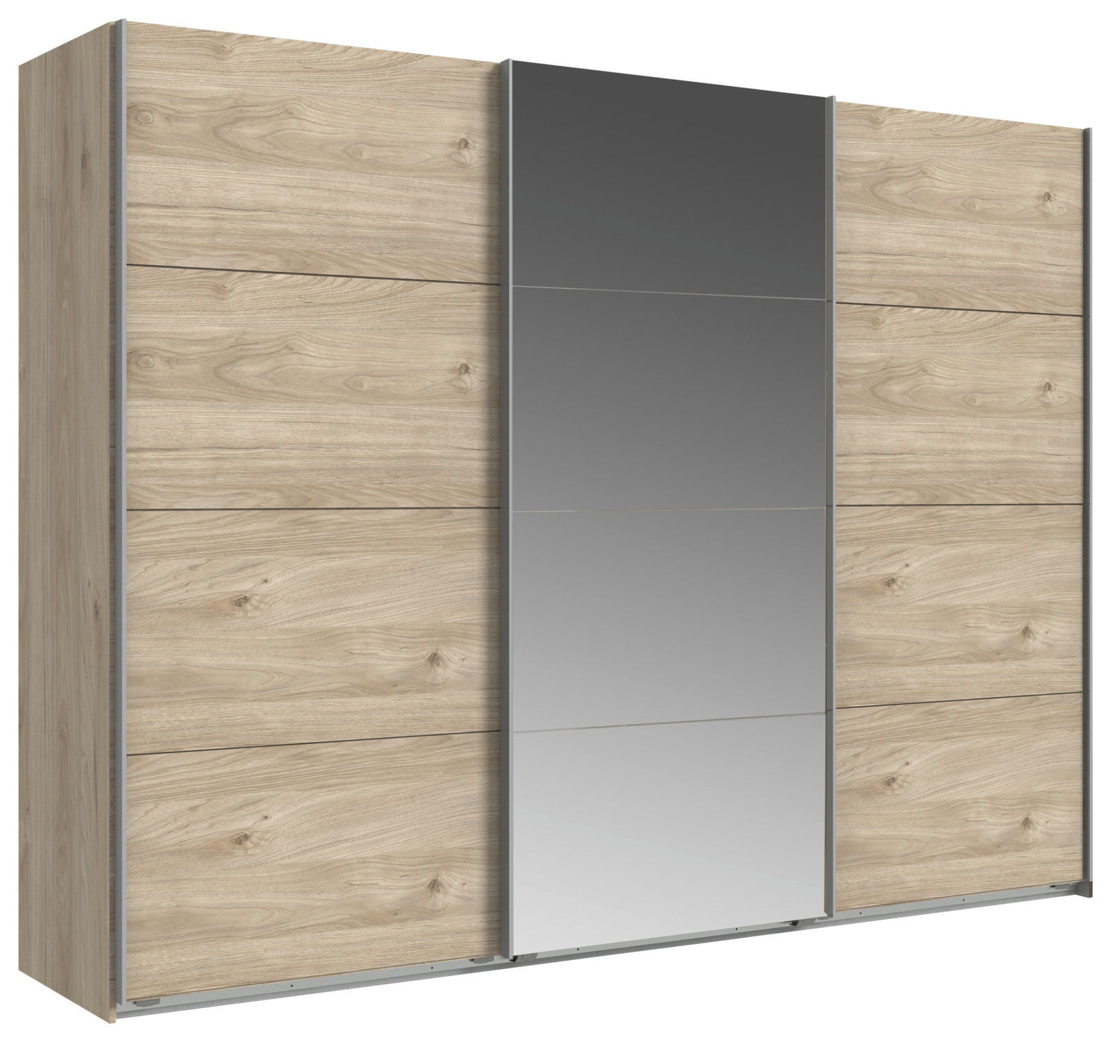 Moderner dreitüriger Schwebetürenschrank in Holzoptik mit mittlerer Spiegeltür, seitliche Perspektive