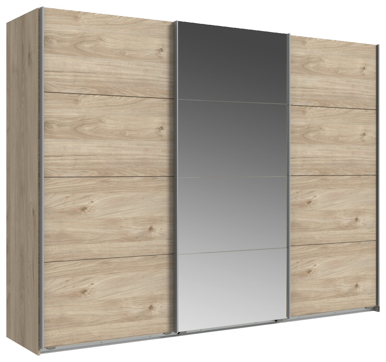 Moderner dreitüriger Schwebetürenschrank in Holzoptik mit mittlerer Spiegeltür, seitliche Perspektive